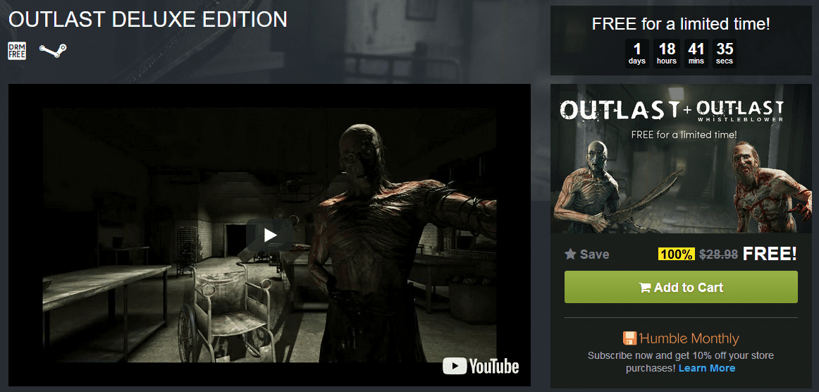 Outlast Deluxe Edition Free on Humble Bundle Store