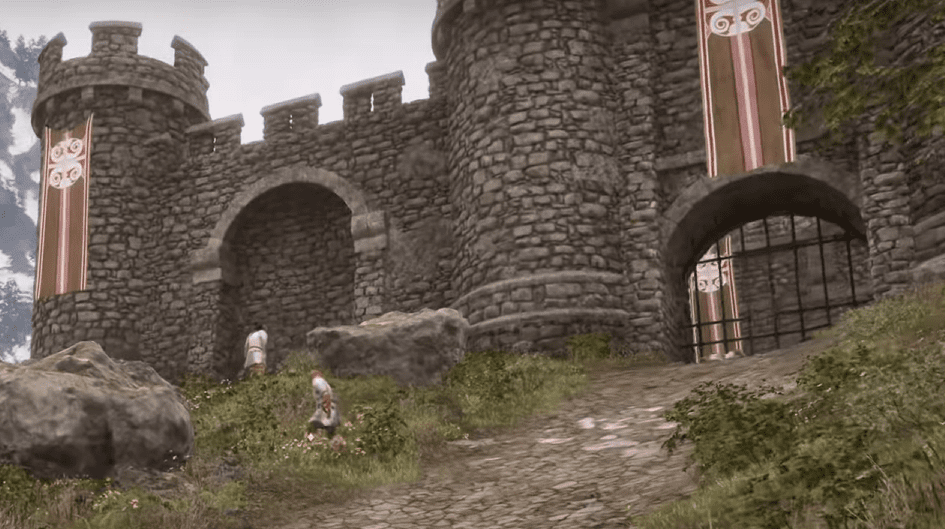 A stone castle with towers and an arched entrance, flanked by lush greenery, sets a medieval scene with two figures nearby.