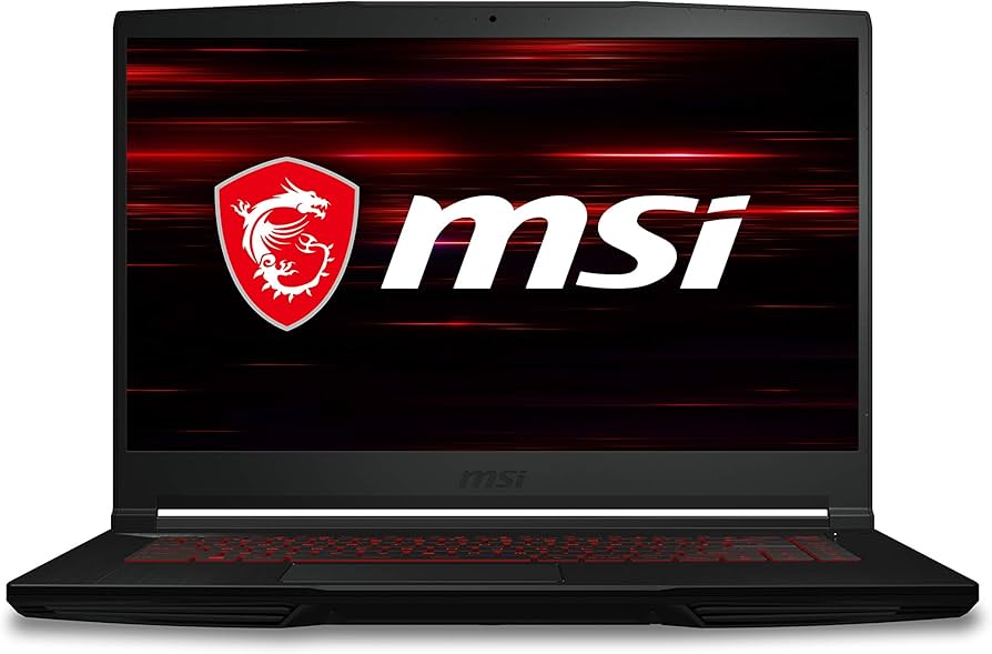 A sleek MSI laptop with a black exterior, featuring a red backlit keyboard and a screen displaying the MSI logo against a dynamic background.