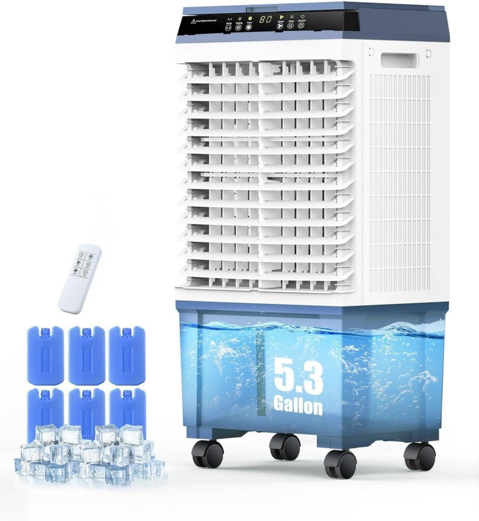 A portable air cooler with a 5.3-gallon water tank, remote control, and blue ice packs for enhanced cooling efficiency.