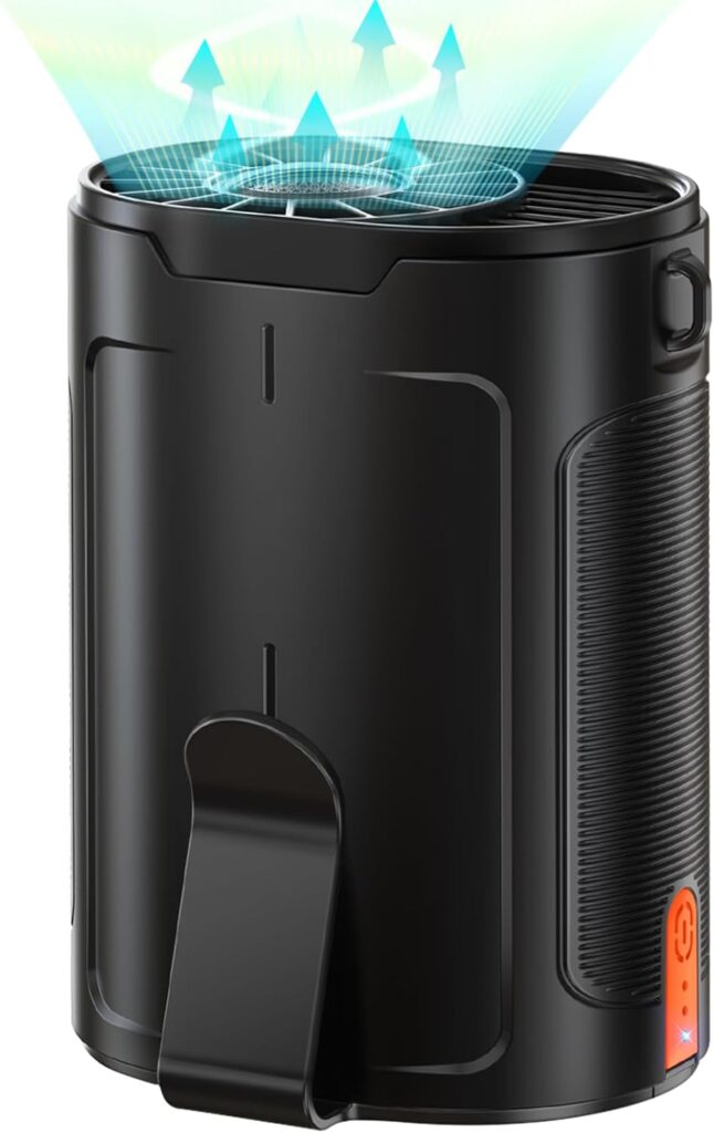 A sleek black portable air purifier with blue upward arrows indicating airflow, featuring a side clip and illuminated power button.