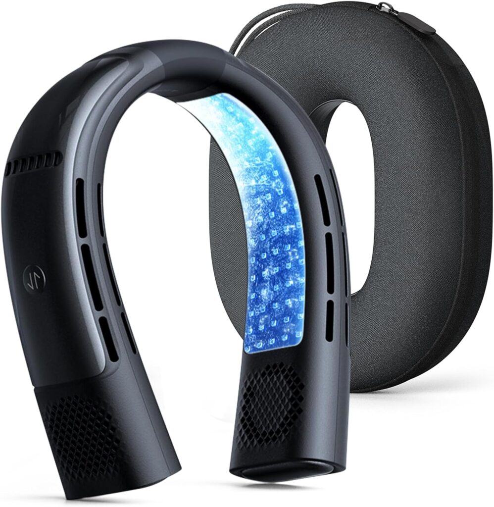 A sleek black neck massager with a glowing blue panel, beside a rounded carrying case, designed for comfort and relaxation.
