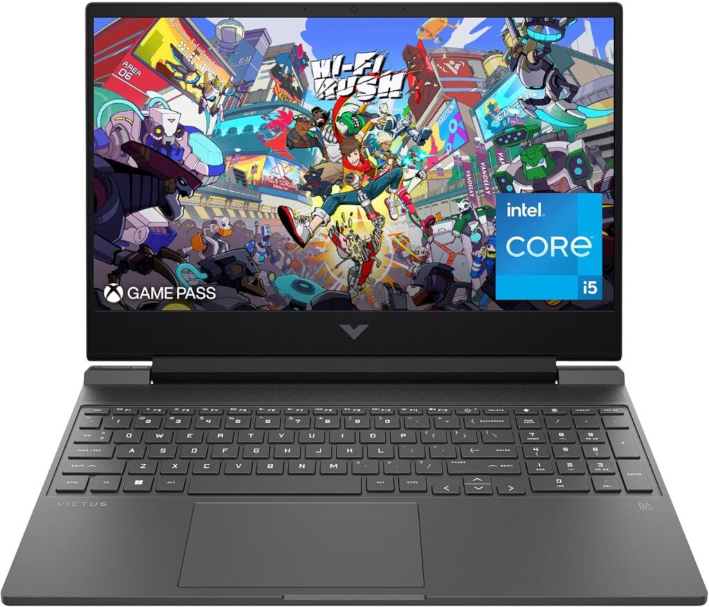 A sleek laptop displaying vibrant game artwork for "Hi-Fi Rush," featuring the Intel Core i5 logo and Game Pass branding.