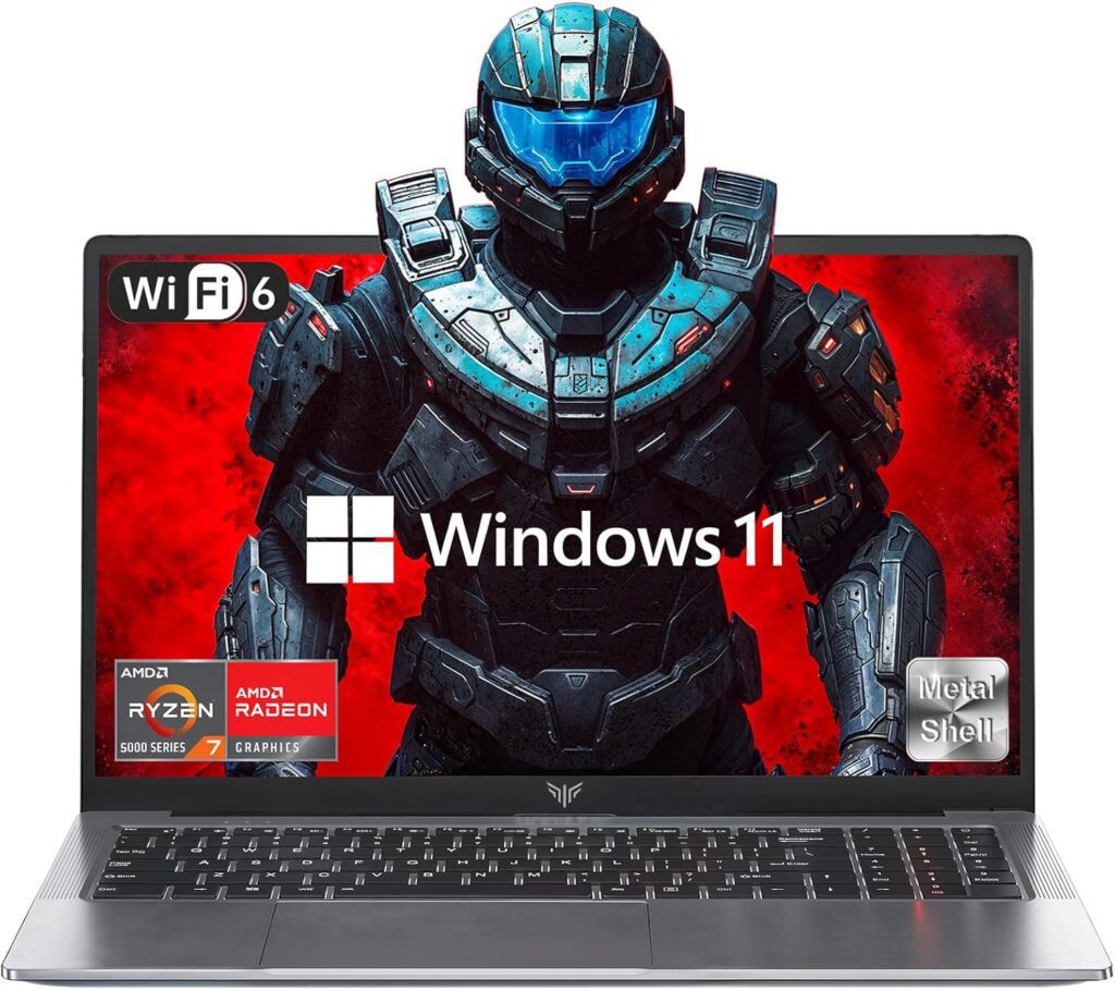 A gaming laptop displaying a warrior in armor on a vibrant red background, featuring Windows 11, Wi-Fi 6, and AMD specs.