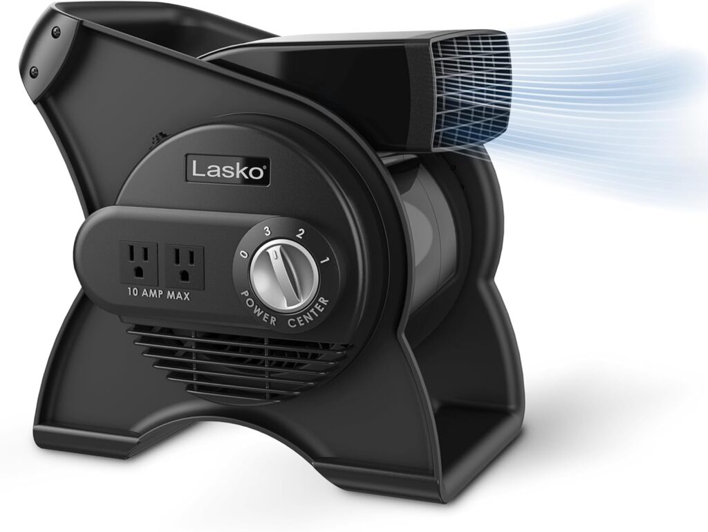 Black Lasko fan with adjustable settings, power center, and dual outlets, emitting airflow from its front grill.