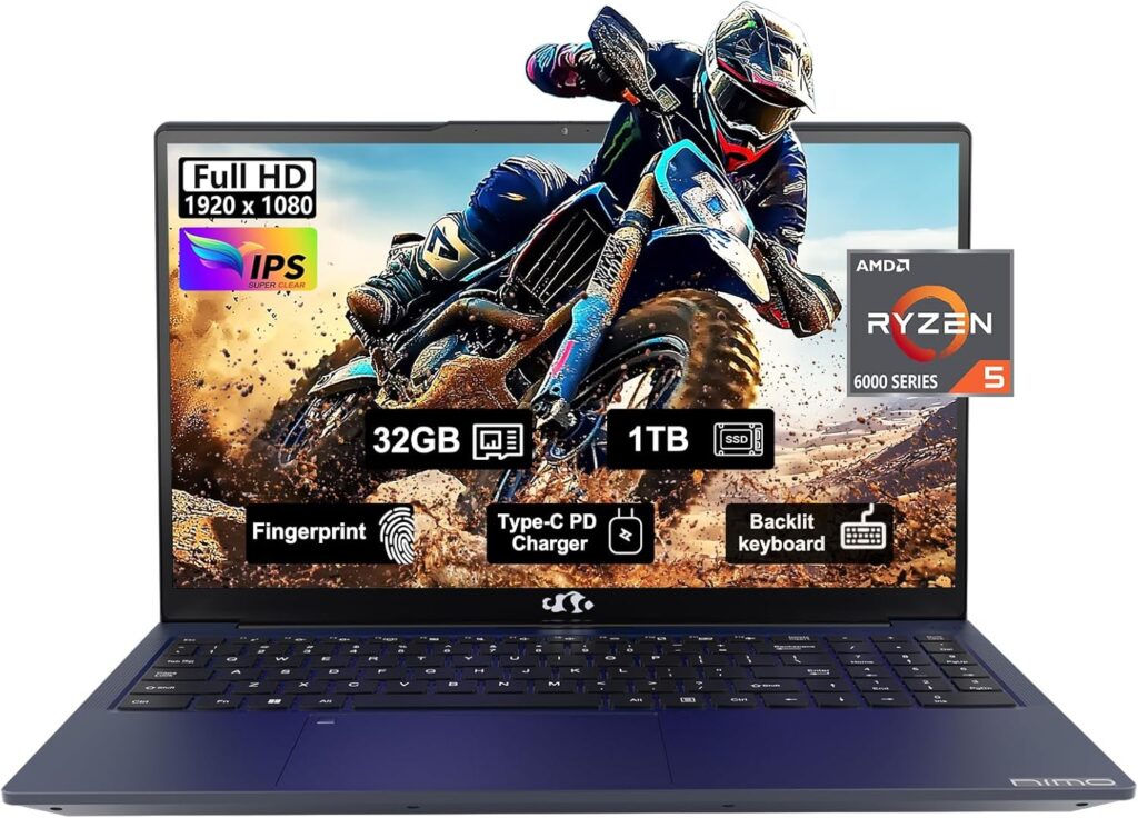 A modern laptop displaying a motocross scene, showcasing specs like 32GB RAM, 1TB SSD, Ryzen 5 processor, and a backlit keyboard.