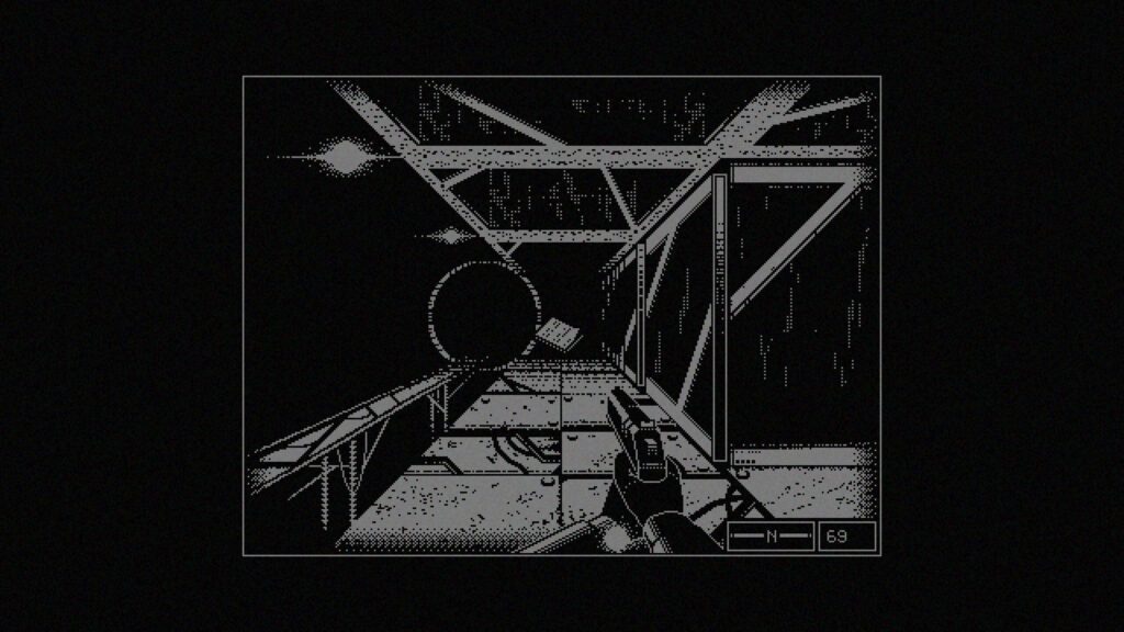 A first-person perspective of a dark, industrial setting with a circular object, a gun in the foreground, and digital navigation indicators.