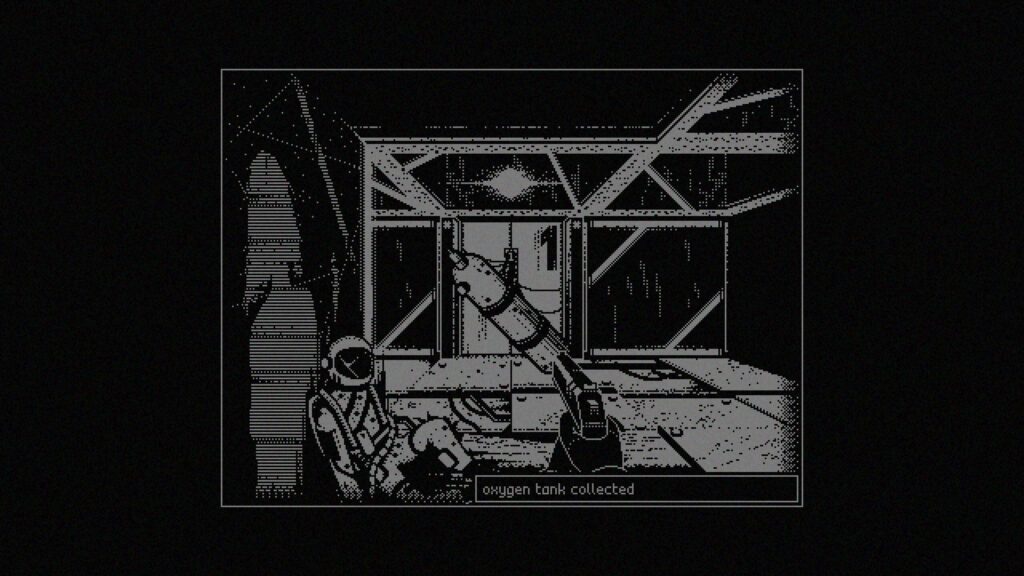 A pixelated astronaut collects an oxygen tank in a space station, with emphasized structural beams and a display message below.