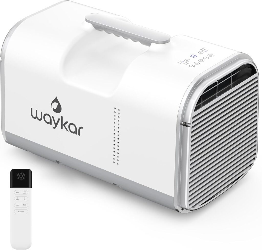 A compact, white portable air conditioner by Waykar, featuring a digital display and a remote control for convenient operation.